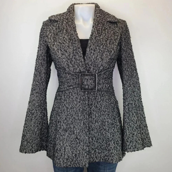 Jessica Simpson Black White Boucle Tweed Fit Flare Bell Sleeve Coat Y2K XS - Picture 16 of 16